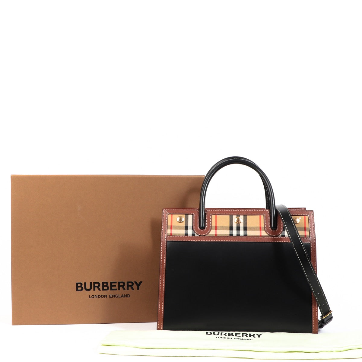 Buy an authentic second hand Burberry Black Leather and Vintage Check Two Handle Small Title Bag in as new condition at Labellov.