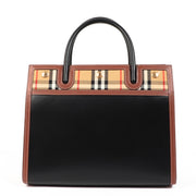Buy an authentic second hand Burberry Black Leather and Vintage Check Two Handle Small Title Bag in as new condition at Labellov.