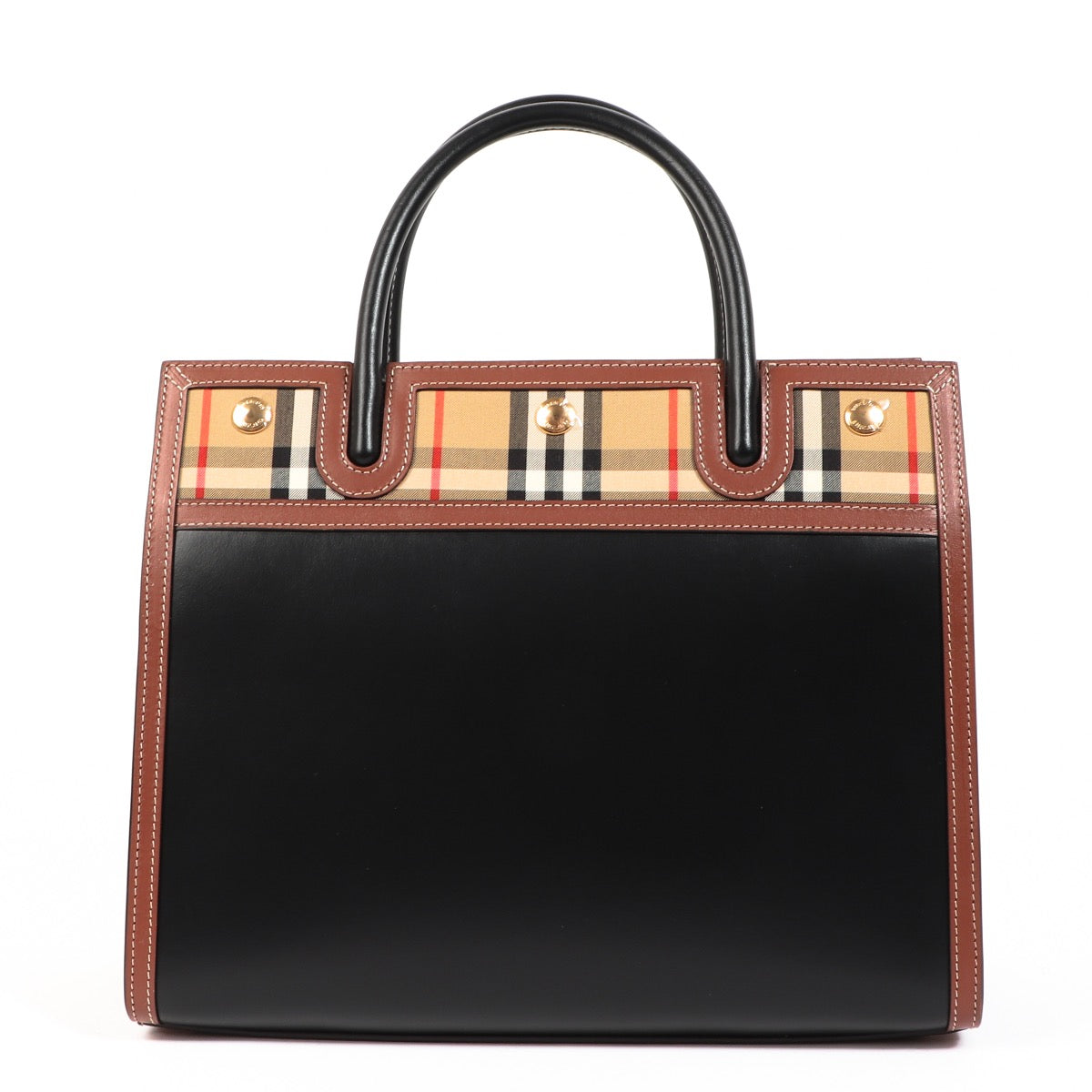 Buy an authentic second hand Burberry Black Leather and Vintage Check Two Handle Small Title Bag in as new condition at Labellov.