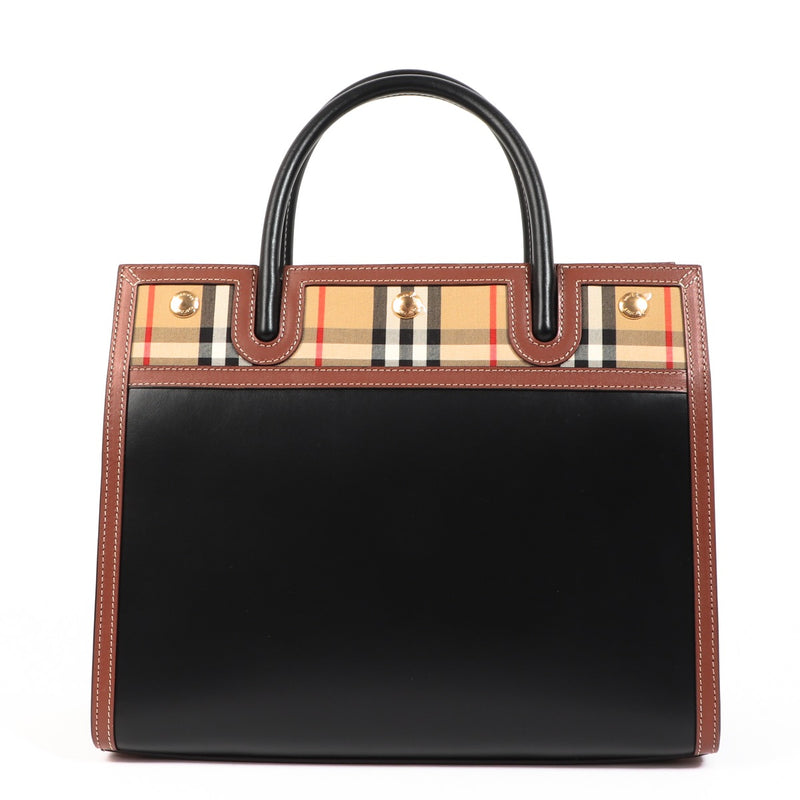 Buy an authentic second hand Burberry Black Leather and Vintage Check Two Handle Small Title Bag in as new condition at Labellov.
