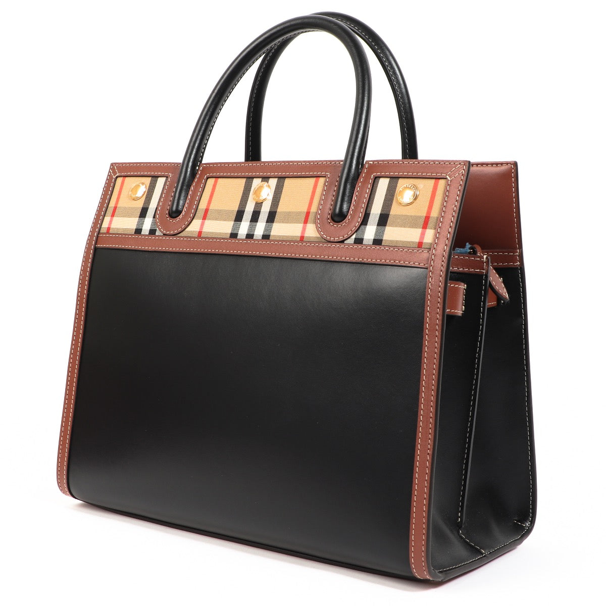 Buy an authentic second hand Burberry Black Leather and Vintage Check Two Handle Small Title Bag in as new condition at Labellov.