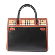 Buy an authentic second hand Burberry Black Leather and Vintage Check Two Handle Small Title Bag in as new condition at Labellov.