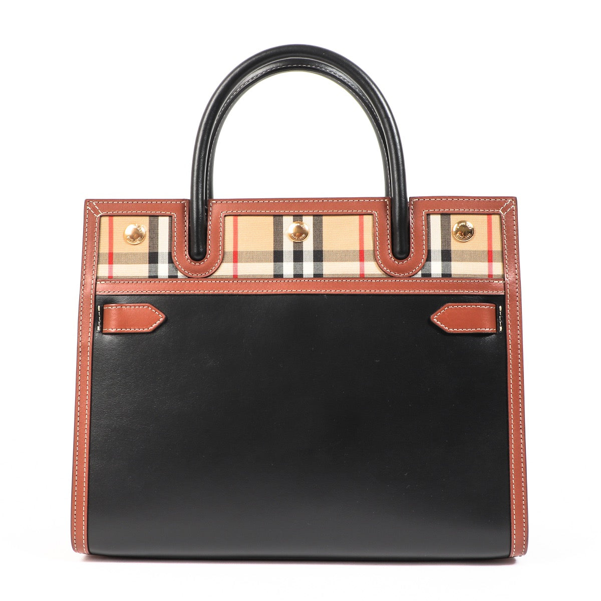Buy an authentic second hand Burberry Black Leather and Vintage Check Two Handle Small Title Bag in as new condition at Labellov.