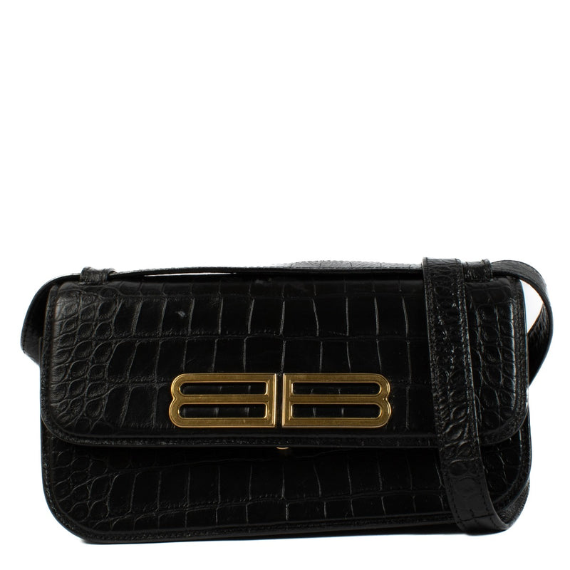 Balenciaga Black Croc Embossed Leather Gossip S Bag