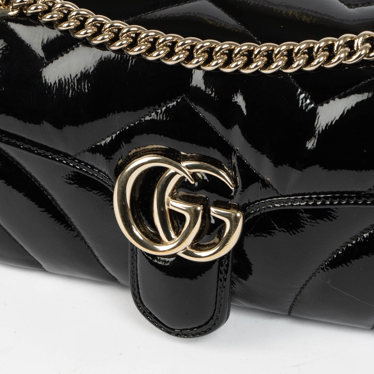 Authentic pre-loved Gucci Black Patent Marmont Medium Shoulder Bag on Labellov.com
