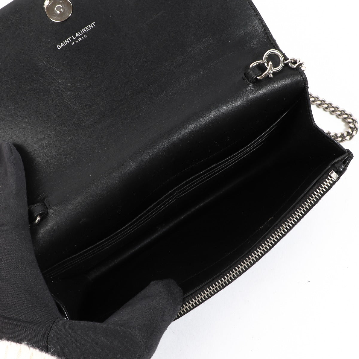 Portefeuille chaîne Saint Laurent Kate Patchwork avec pompon