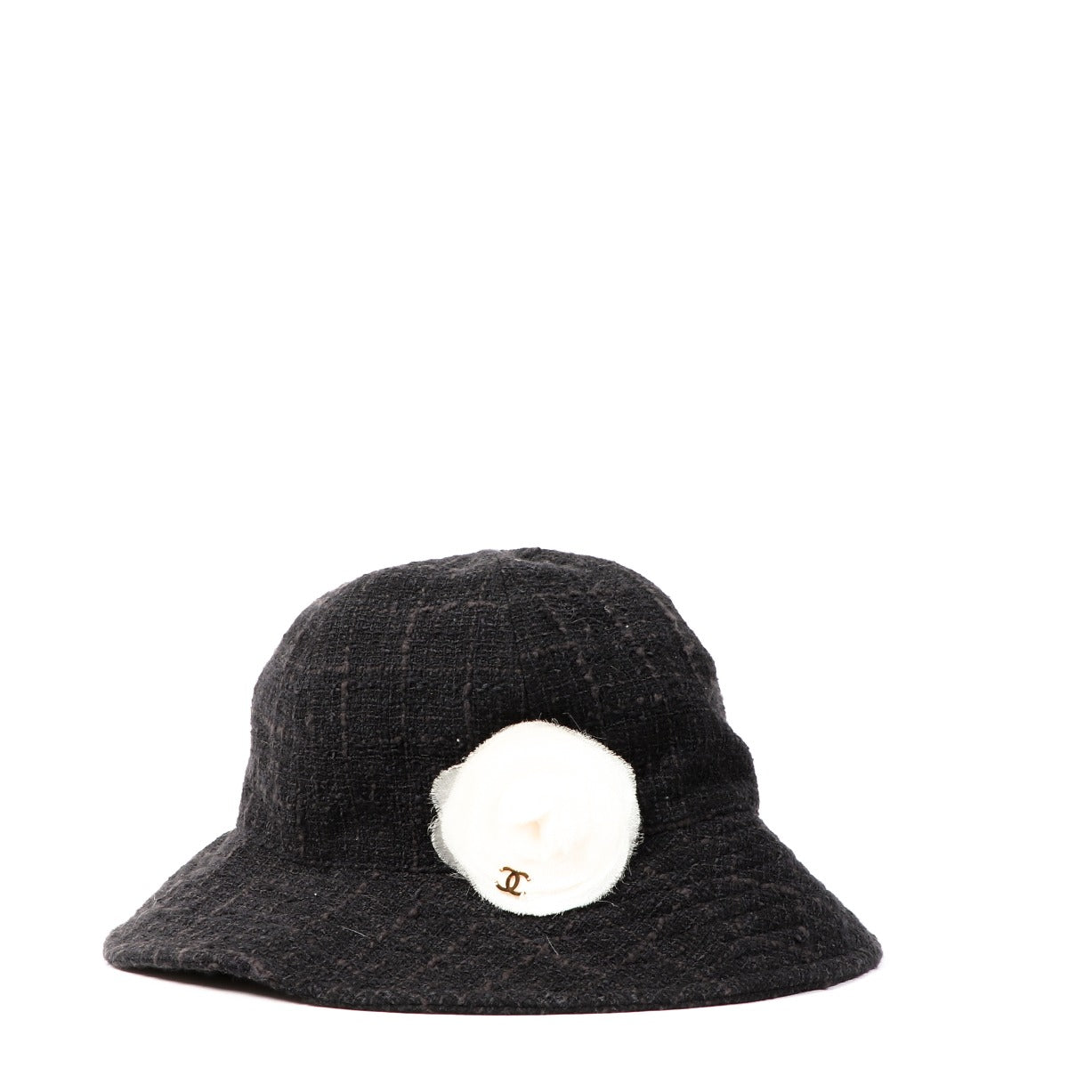 Chanel Black Tweed CC Camillia Bucket Hat