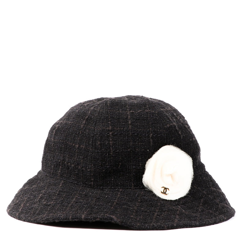 Chanel Black Tweed CC Camillia Bucket Hat