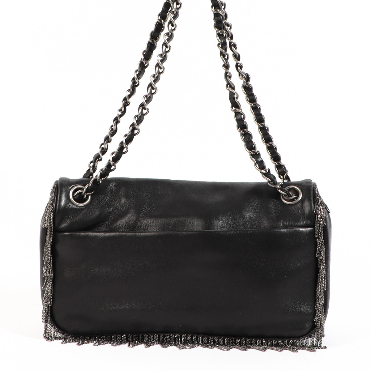Sac à bandoulière Chanel en cuir noir à franges chaîne