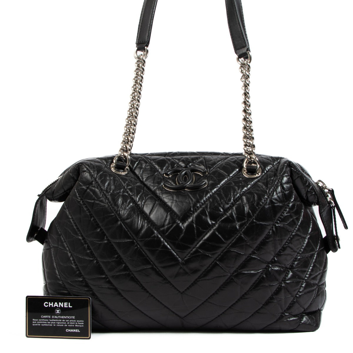 Chanel Black Chevron Aged Calfskin Bowling Bag