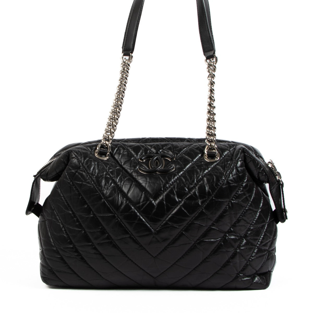 Chanel Black Chevron Aged Calfskin Bowling Bag