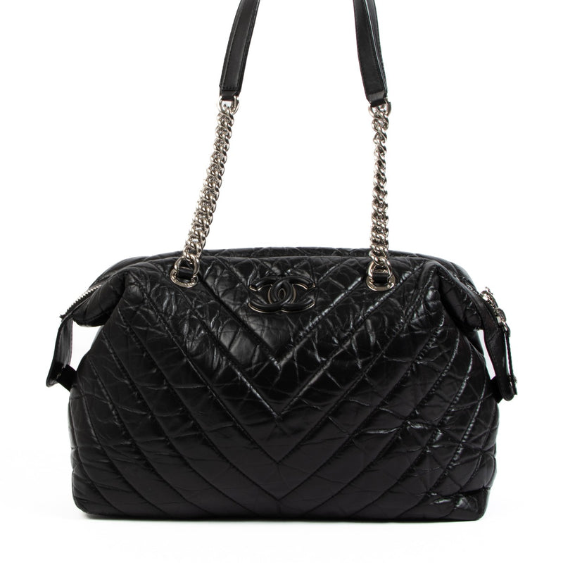 Chanel Black Chevron Aged Calfskin Bowling Bag