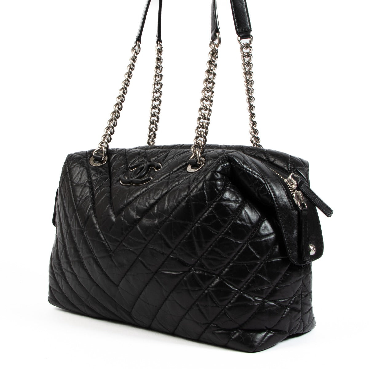 Chanel Black Chevron Aged Calfskin Bowling Bag