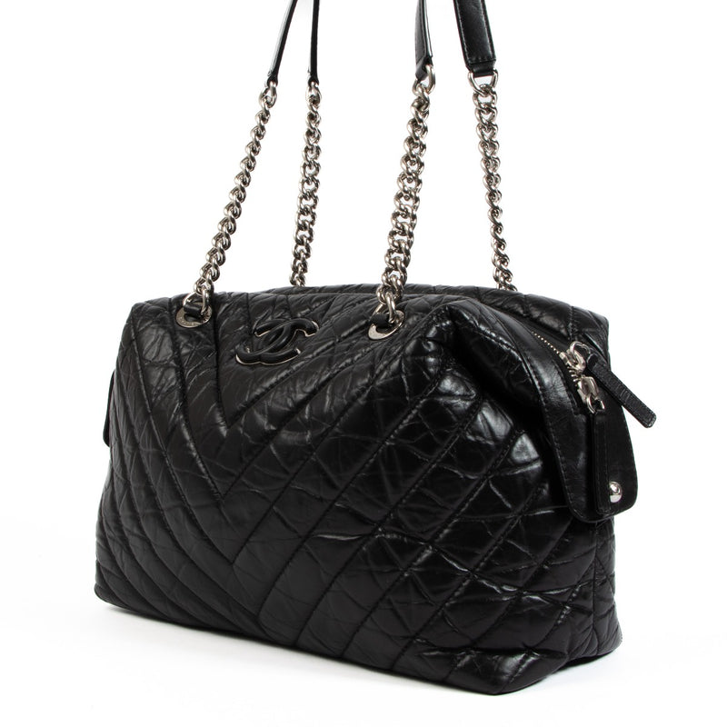 Chanel Black Chevron Aged Calfskin Bowling Bag