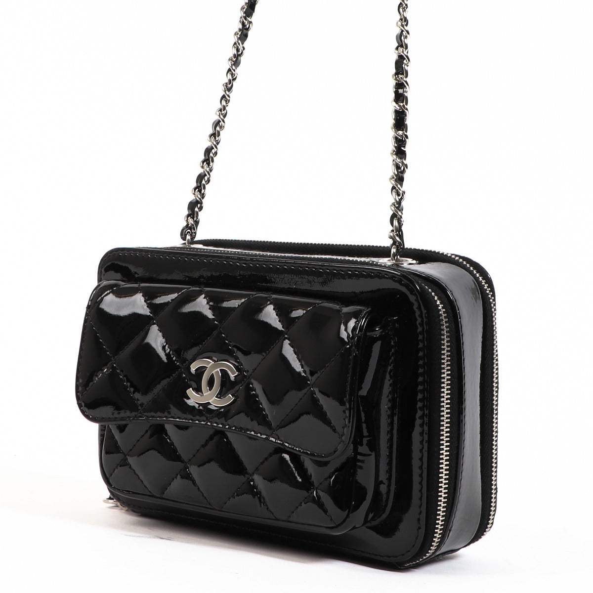 Buy and sell preloved designer bags such as this unique and authentic Chanel Black Patent Leather Mini Vanity Crossbody Bag