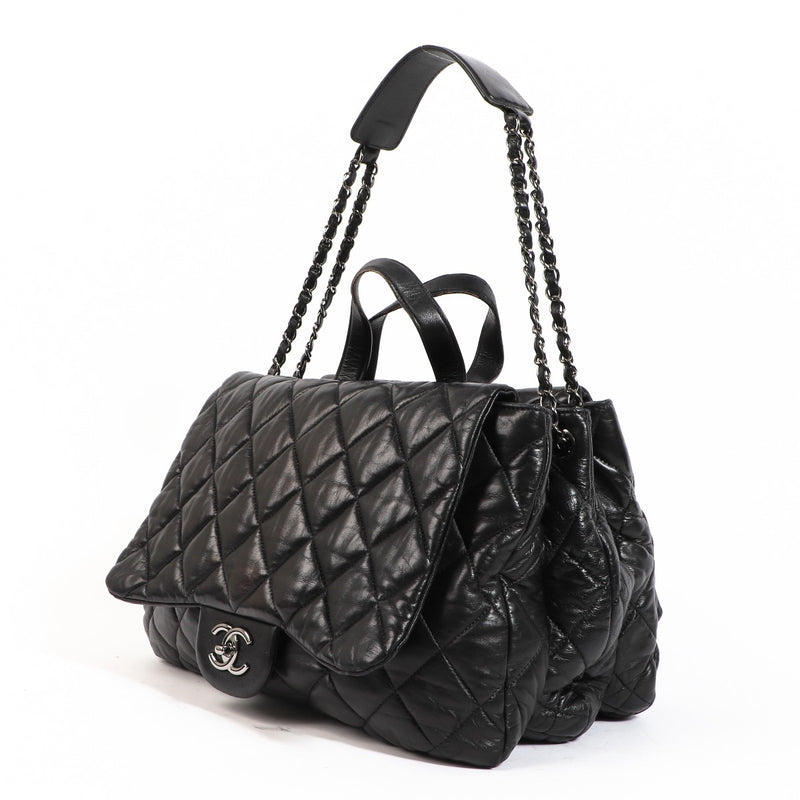 Chanel Triple Compartment Black Lambskin Classic Flap Tote Bag
