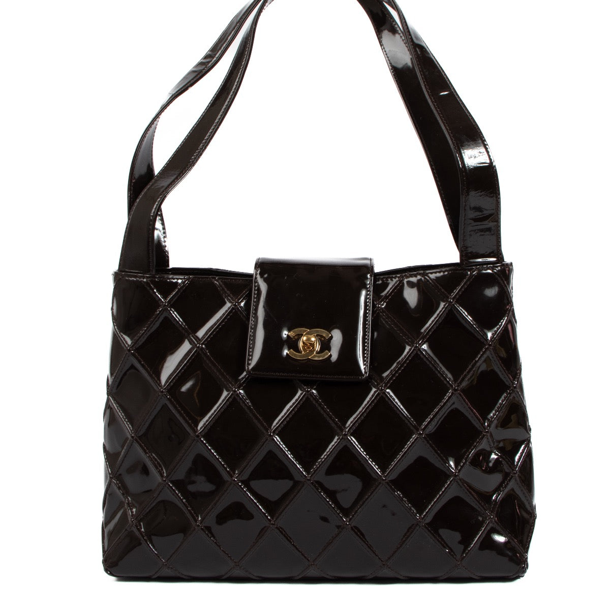 Shop an authentic second hand Chanel Brown Quilted Patent Leather Shoulder Bag on Labellov.com