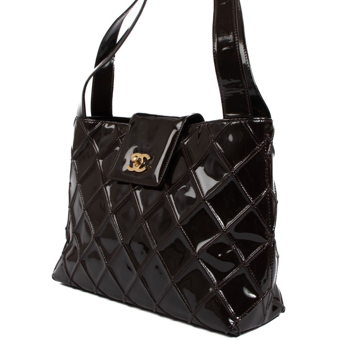 Shop an authentic second hand Chanel Brown Quilted Patent Leather Shoulder Bag on Labellov.com