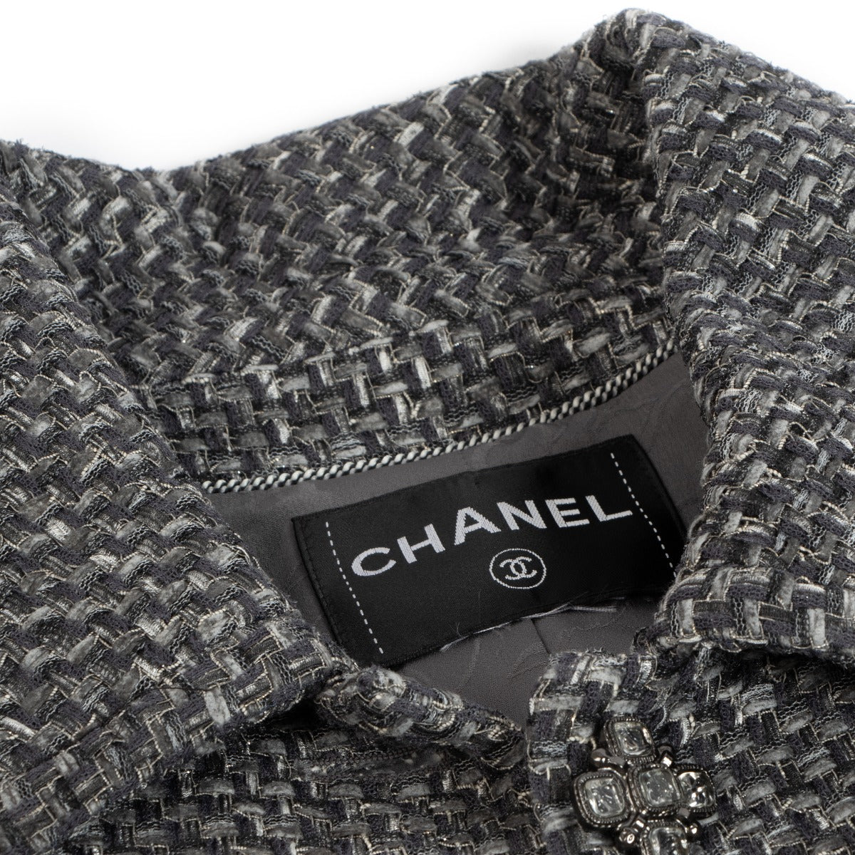 Chanel Grey Silver Long Tweed Jacket