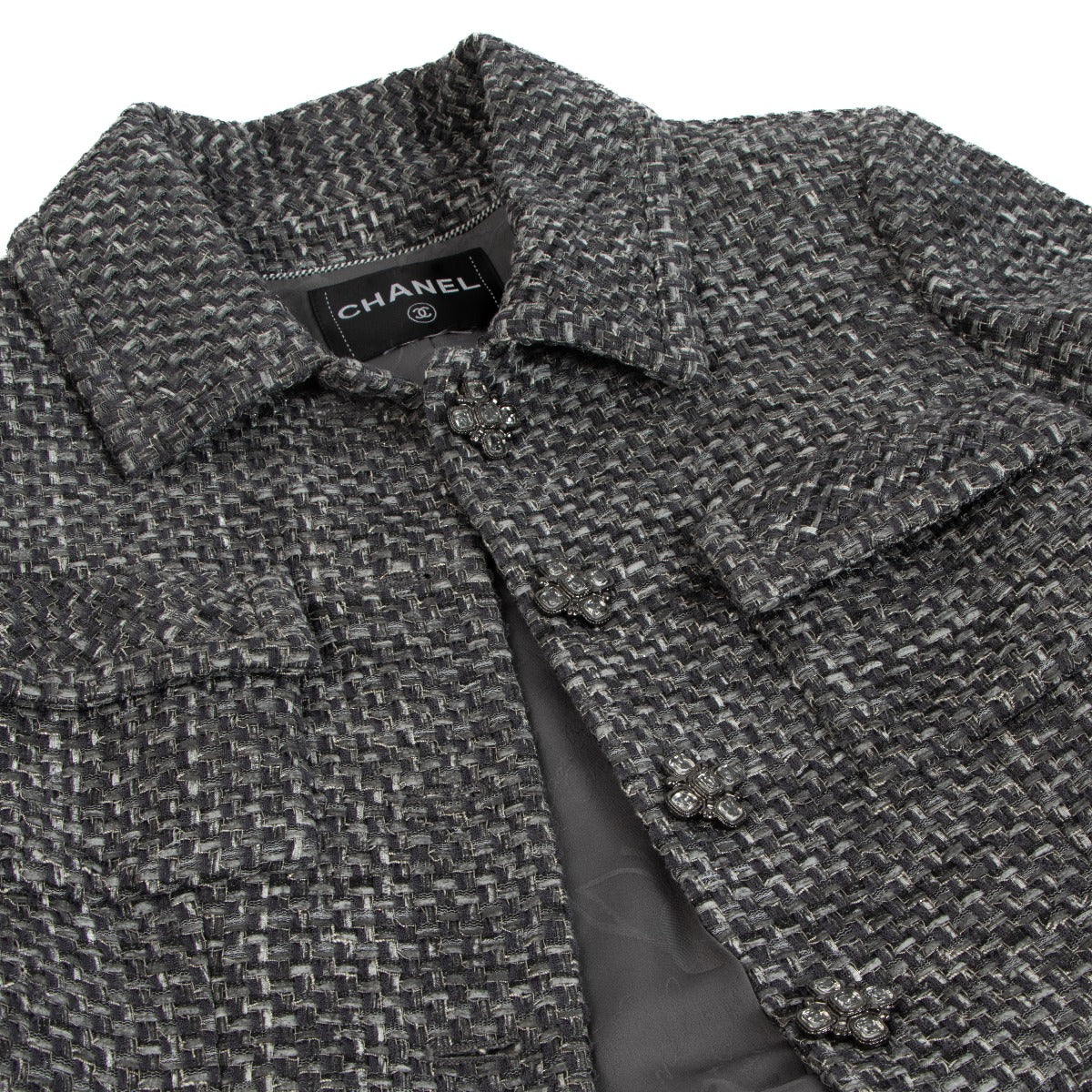Chanel Grey Silver Long Tweed Jacket