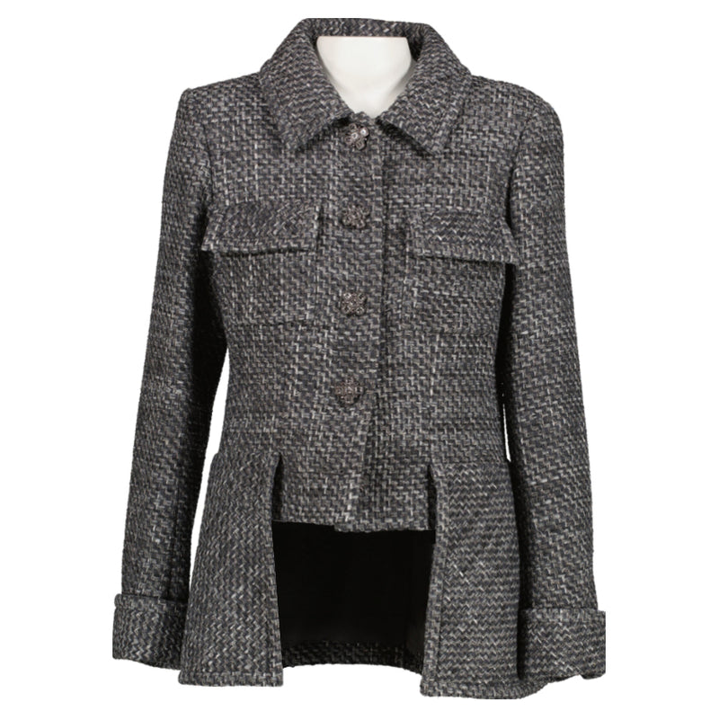 Chanel Grey Silver Long Tweed Jacket