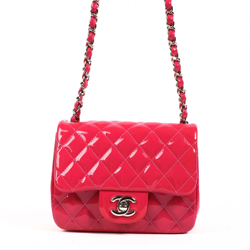 Chanel Pink Mini Square Patent Leather Classic Flap Bag for the best price at Labellov secondhand luxury. We buy and sell your authentic designer bags for the best price.
