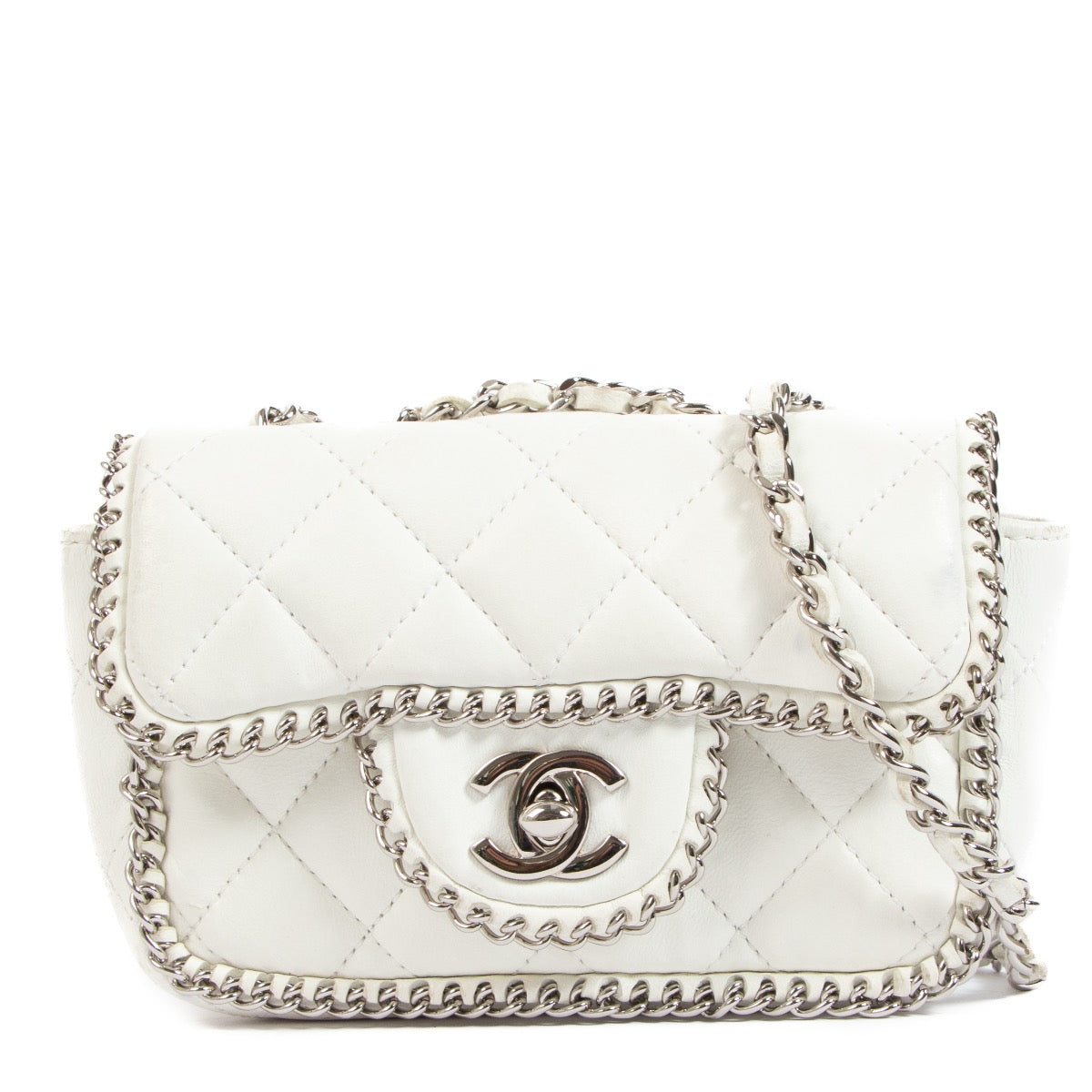 Buy an authentic second hand Chanel White Chain Around Mini Classic Flap Bag in good condition at Labellov