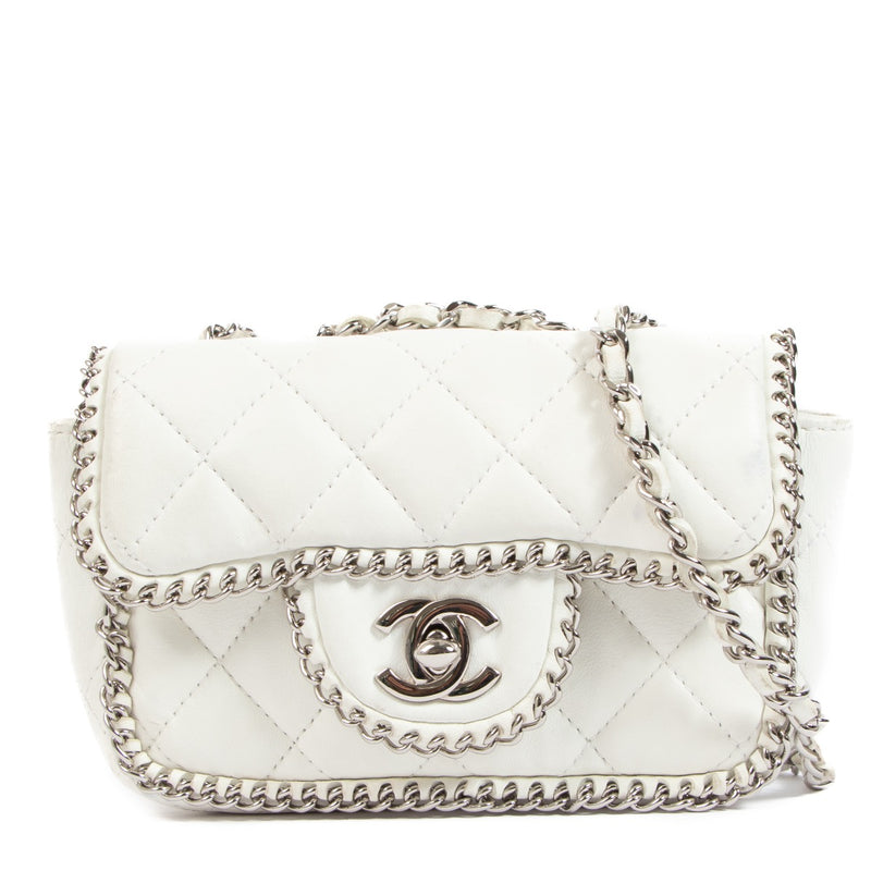 Buy an authentic second hand Chanel White Chain Around Mini Classic Flap Bag in good condition at Labellov