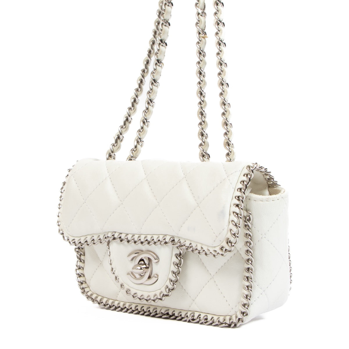 Buy an authentic second hand Chanel White Chain Around Mini Classic Flap Bag in good condition at Labellov