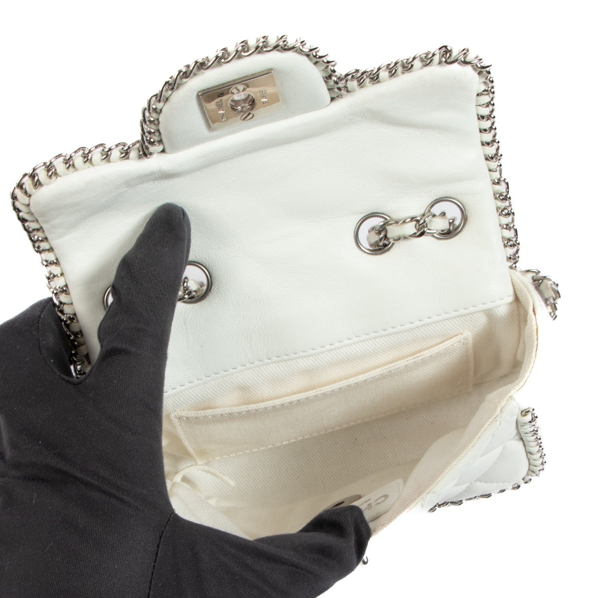 Buy an authentic second hand Chanel White Chain Around Mini Classic Flap Bag in good condition at Labellov