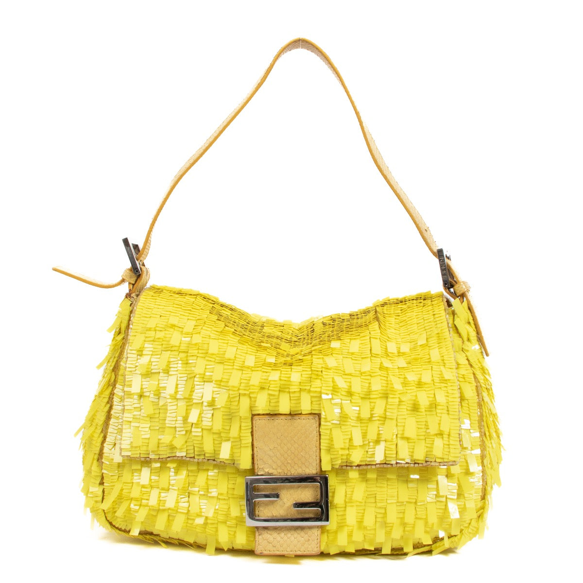 Buy a 100% authentic second hand Fendi Neon Yellow Sequin Mamma Baguette Shoulder Bag in good condition at Labellov