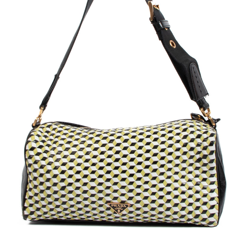 Buy an authentic second hand Prada Tricolor Perspective Cubes Leather Handbag in very good condition at Labellov