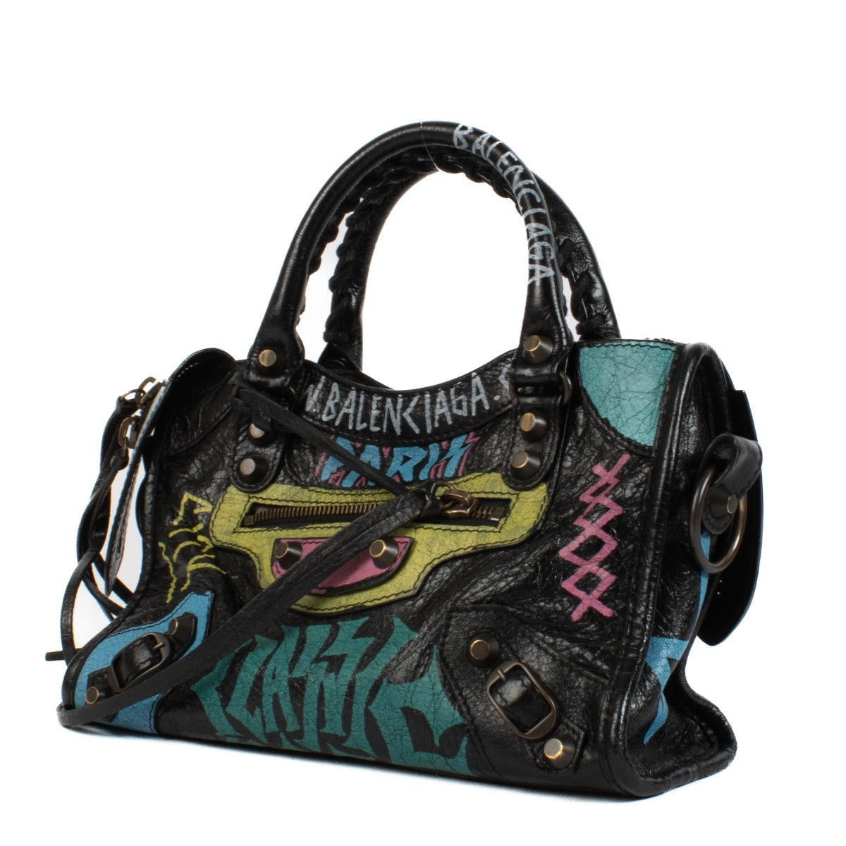 Authentic second hand designer luxury Balenciaga Black Graffiti Arena Mini Classic City Bag on www.labellov.com