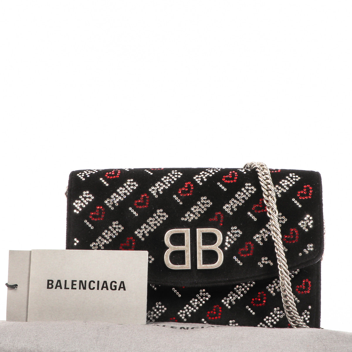 Balenciaga Black Velvet Crystal Love Paris Wallet on Chain