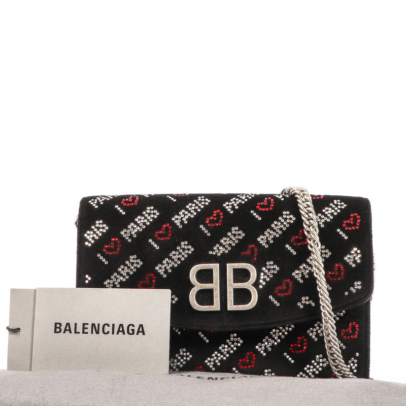 Balenciaga Black Velvet Crystal Love Paris Wallet on Chain