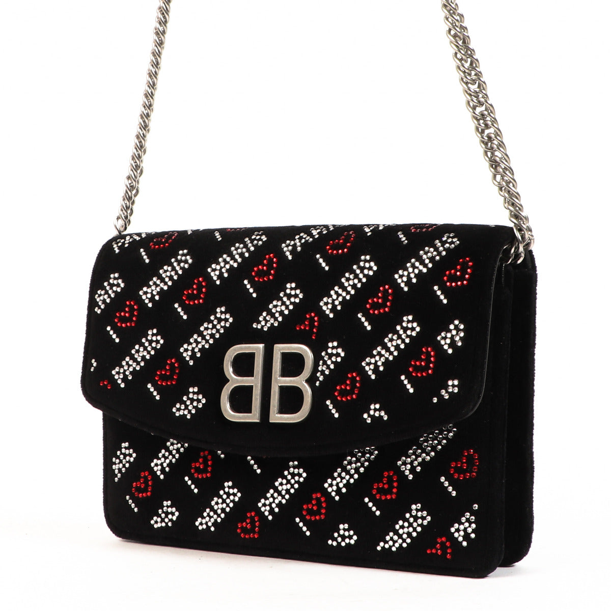 Balenciaga Black Velvet Crystal Love Paris Wallet on Chain