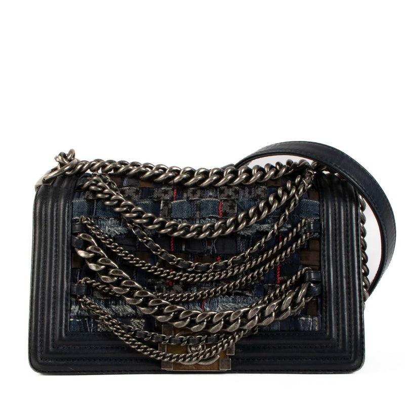 Chanel 2013 Blue Denim Tweed Enchained Medium Boy Bag