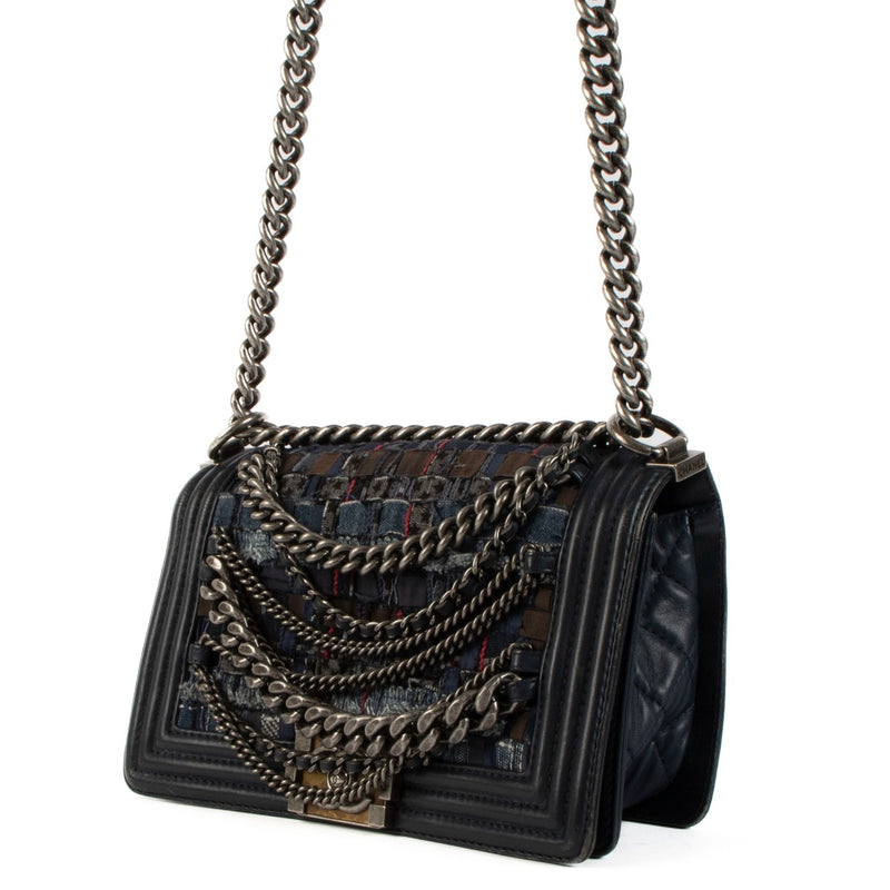 Chanel Blauw Denim Tweed Enchained Medium Boy Bag