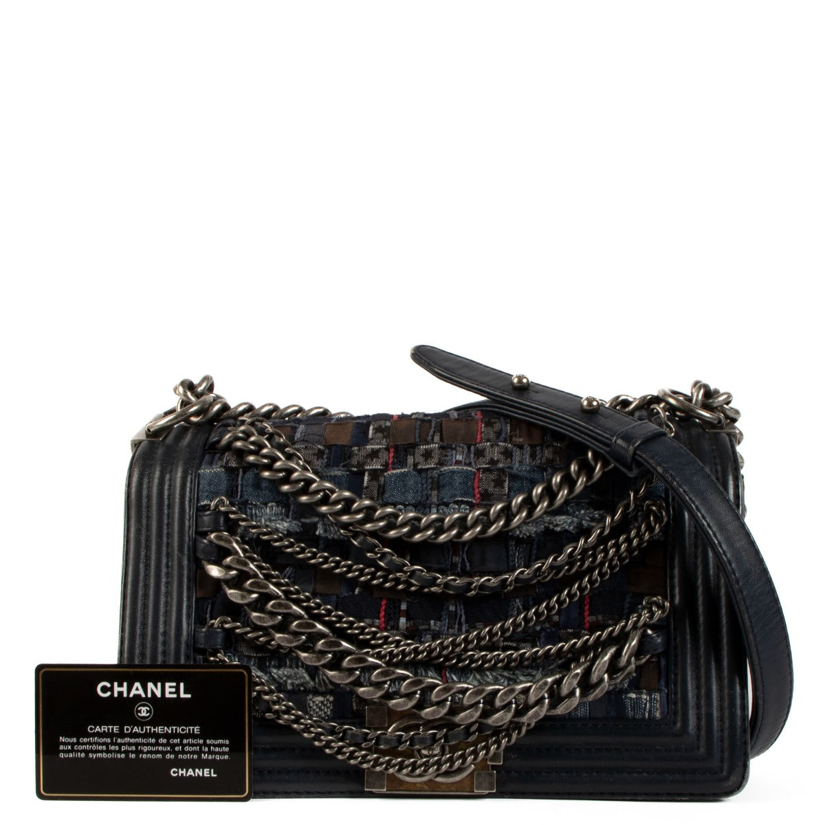 Chanel 13K 2013 Blue Denim Tweed Enchained Medium Boy Bag