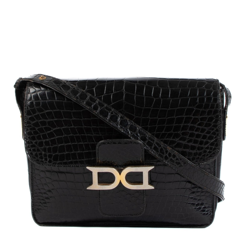 Delvaux Bourgogne Black Crocodile Shoulder Bag