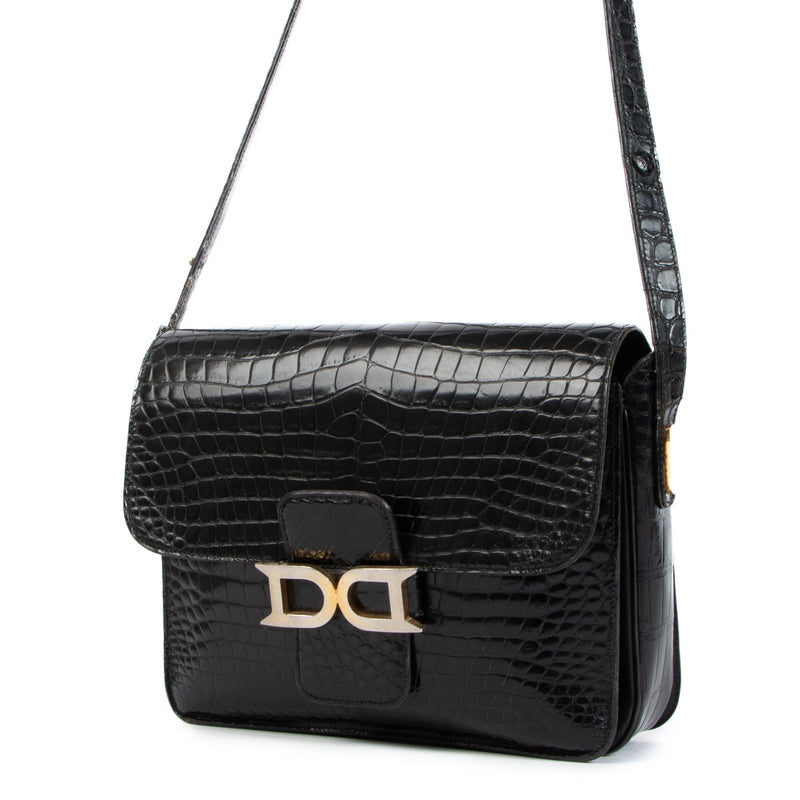 Delvaux Bourgogne Black Crocodile Shoulder Bag