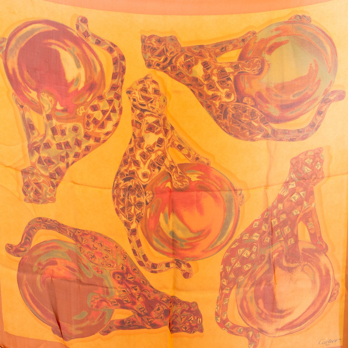 Cartier Orange Jeweled Panthère Silk Chiffon Scarf