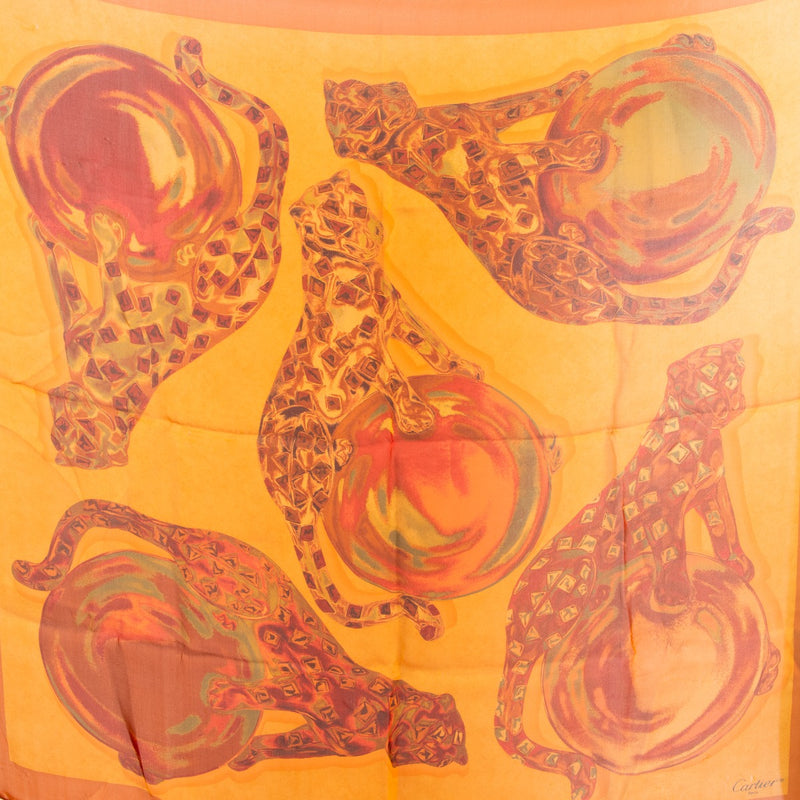 Cartier Orange Jeweled Panthère Silk Chiffon Scarf