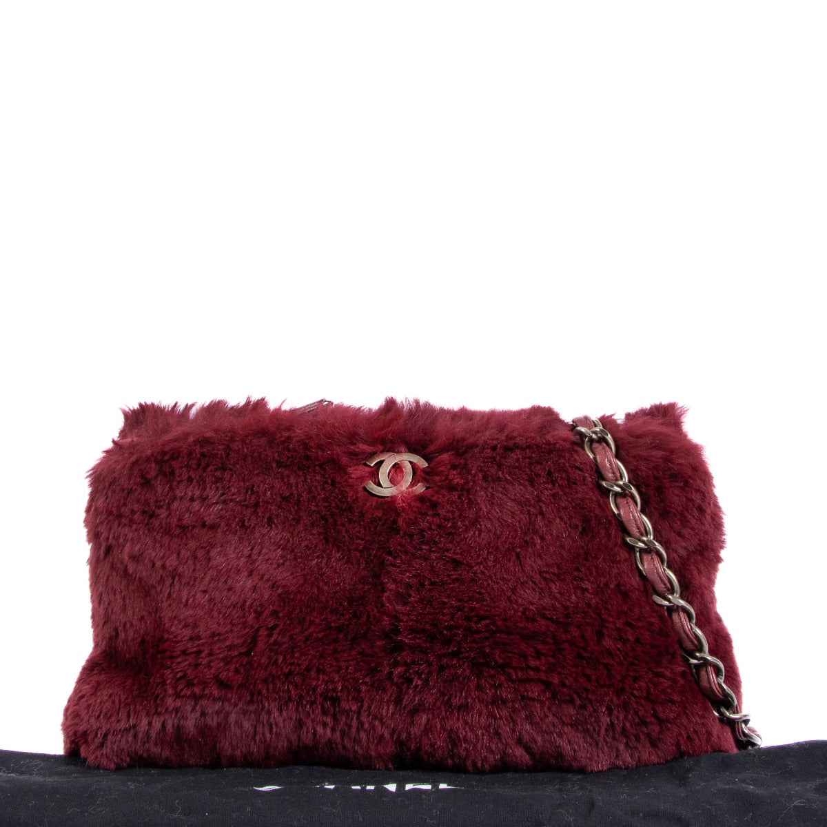 Chanel Burgundy Rabbit Fur Chain Clutch Bag