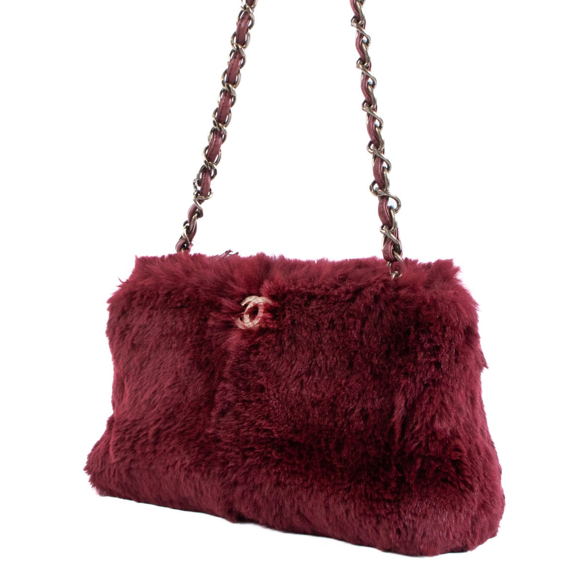 Chanel Burgundy Rabbit Fur Chain Clutch Bag