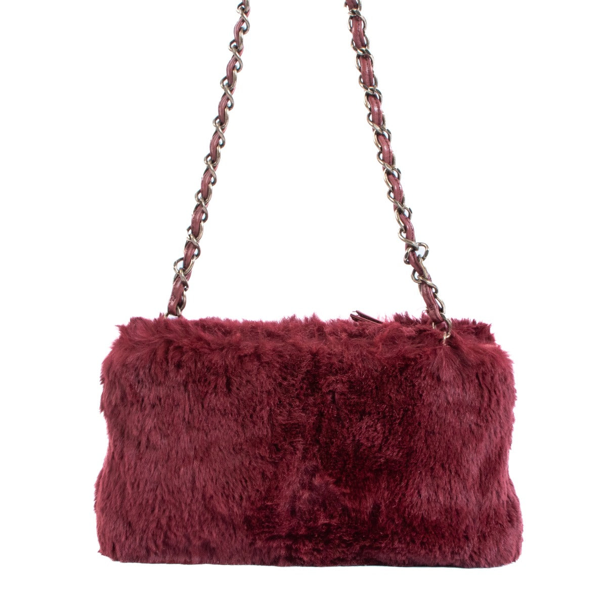 Chanel Burgundy Rabbit Fur Chain Clutch Bag