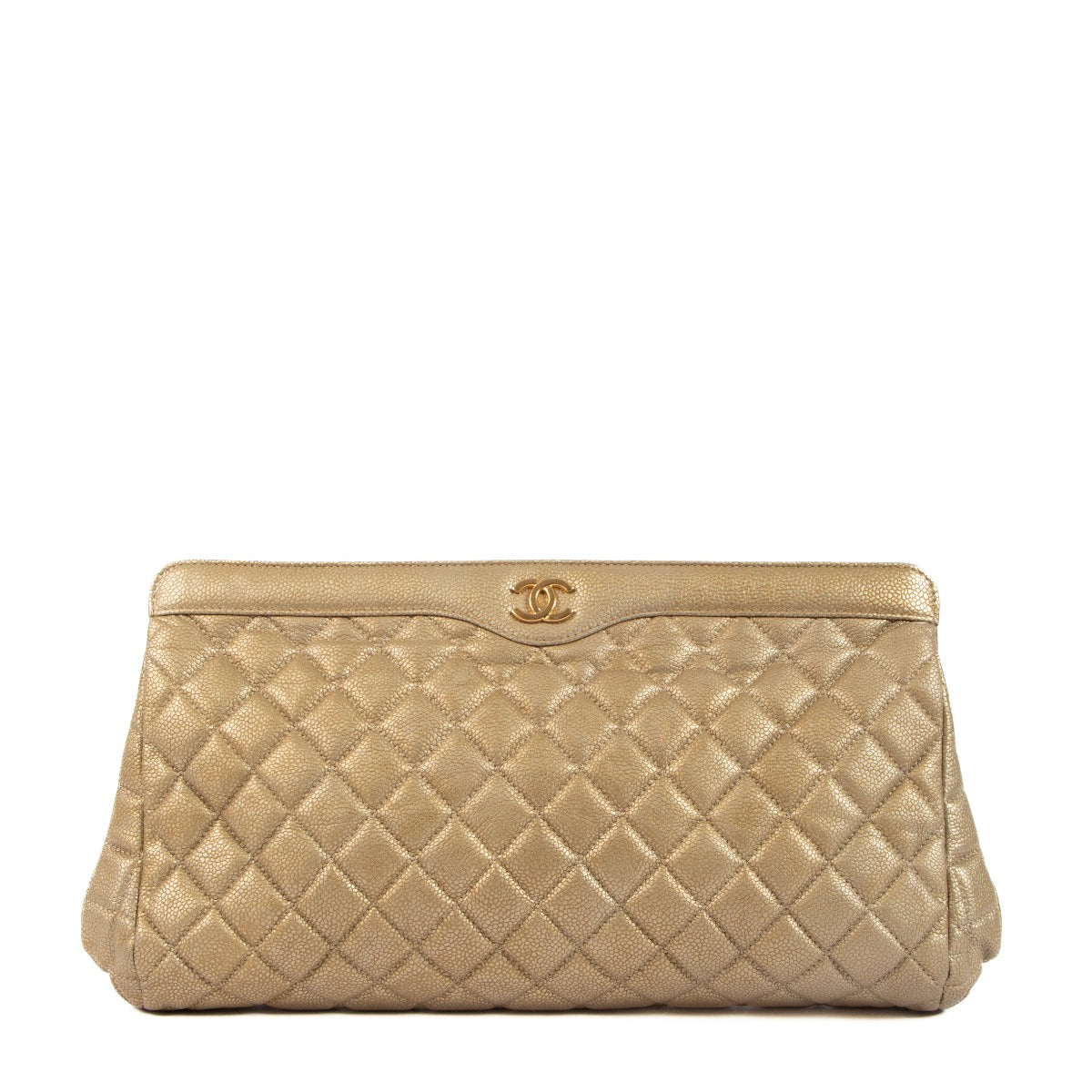 Chanel Metallic Gold Caviar CC Frame Large Clutch