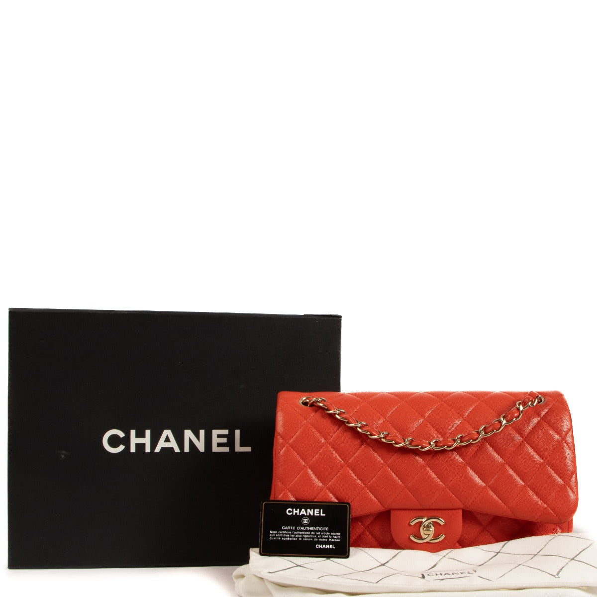 Authentic second hand pre-owned Chanel Coquelicot Red Coral Orange Caviar Leather Large Classic Flap Bag on www.labellov.com