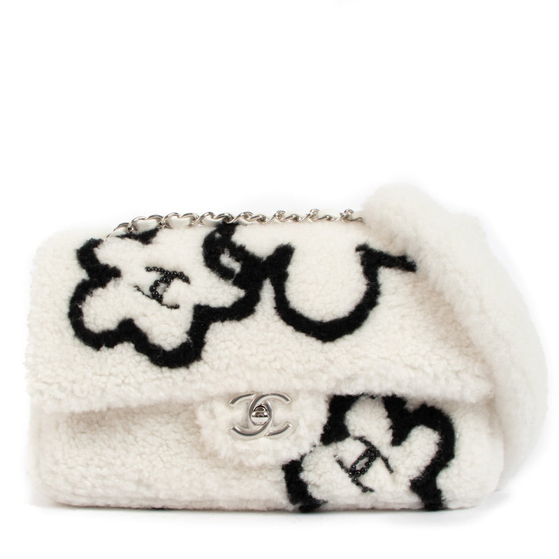 Chanel White Shearling CC Flower Classic Flap Bag