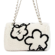 Chanel White Shearling CC Flower Classic Flap Bag
